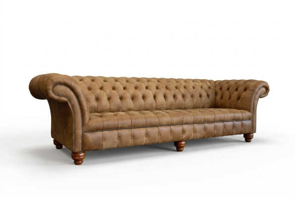 Divano Chesterfield marrone imbottito a 4 posti.