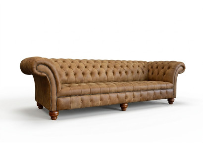 Divano Chesterfield marrone imbottito a 4 posti.