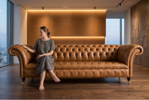 Design Chesterfield Set di divani 4 posti in pelle marrone di lusso
