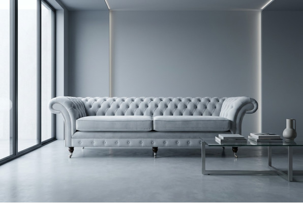 Grigio divano Chesterfield imbottito a 4 posti, stile moderno, in velluto e tessuto di stoffa.