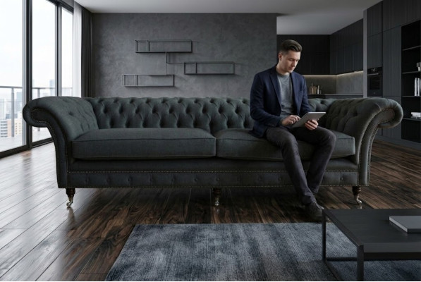Originale divano Chesterfield in tessuto e pelle, imbottitura grande cuscino grigio 265 cm.