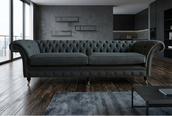 Originale divano Chesterfield in tessuto e pelle, imbottitura grande cuscino grigio 265 cm.