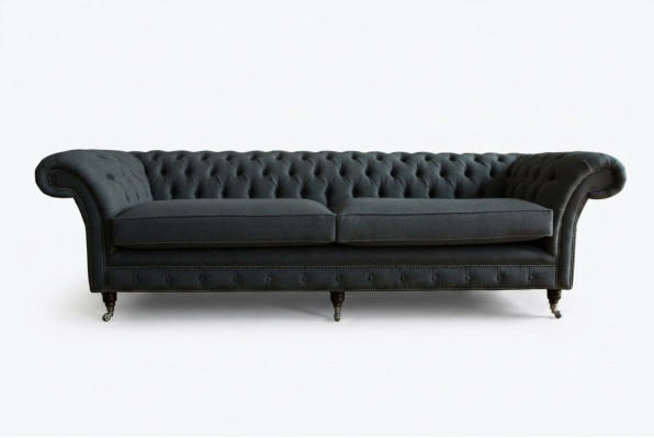 Originale divano Chesterfield in tessuto e pelle, imbottitura grande cuscino grigio 265 cm.