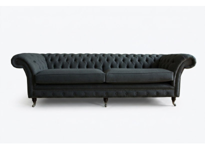 Originale divano Chesterfield in tessuto e pelle, imbottitura grande cuscino grigio 265 cm.