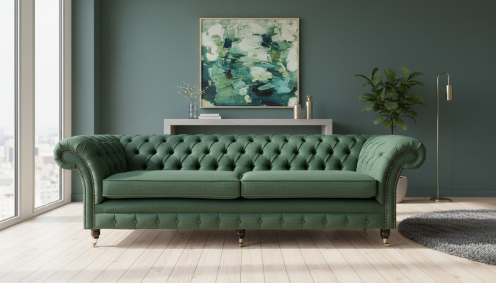Divano Chesterfield con bottoni 4 posti in stoffa imbottita per il soggiorno.
