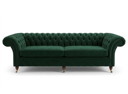 Divano Chesterfield in tessuto verde in pelle, imbottito con grandi cuscini, xxl 265cm nuovo.