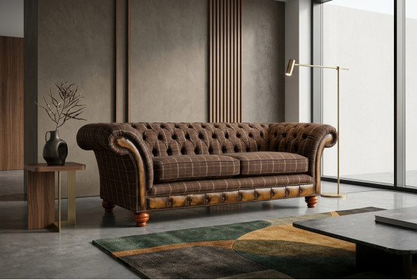 Sofà classico Chesterfield 3 posti, divani di design, divani imbottiti in pelle marrone.