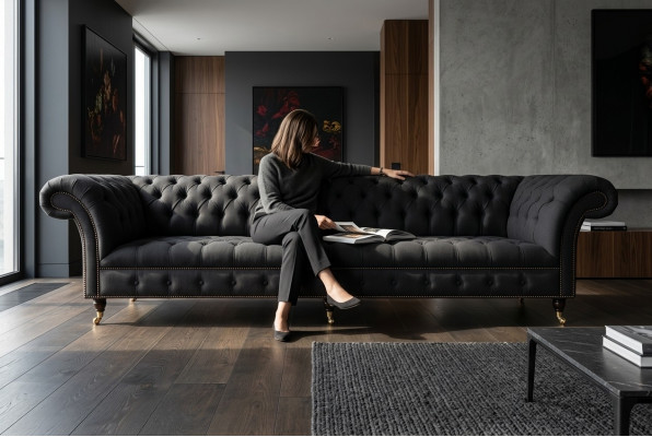 Divano Chesterfield in tessuto e pelle nera con grandi cuscini, seduta XXL 265cm.