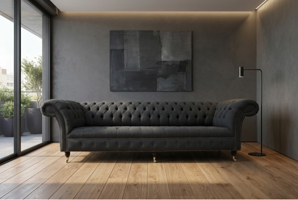 Divano Chesterfield in tessuto e pelle nera con grandi cuscini, seduta XXL 265cm.