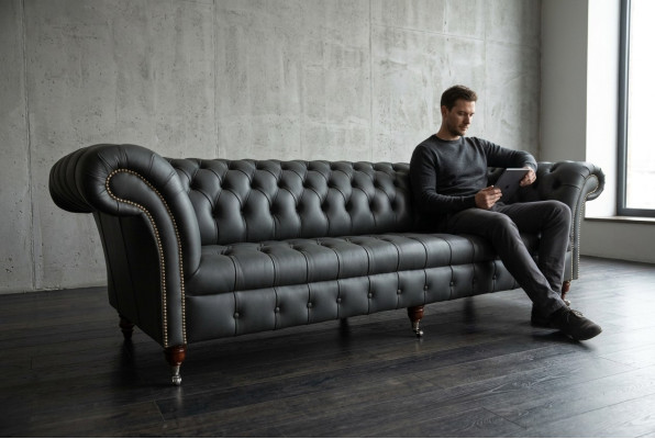 Grigio Chesterfield divano a 4 posti Big Sofa in tessuto pelle imbottito divani