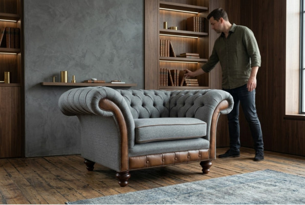 Chesterfield Design Divano in tessuto Poltrona 1.5 posti Divani imbottiti Salotto Velluto Grigio