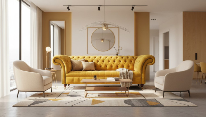 Designer divano Chesterfield giallo a 3 posti di lusso