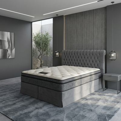 Camera da letto di lusso grigia con letto Chesterfield, design di imbottitura e letti matrimoniali di lusso.