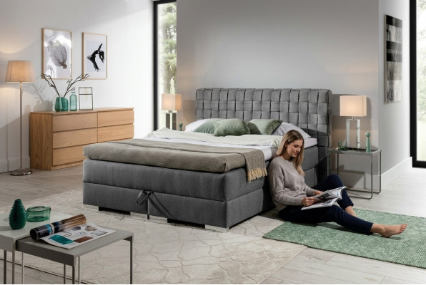 Design del letto di lusso dell'hotel, letto matrimoniale 200x200 cm in tessuto grigio, letto boxspring nuovo da 200x200 cm.
