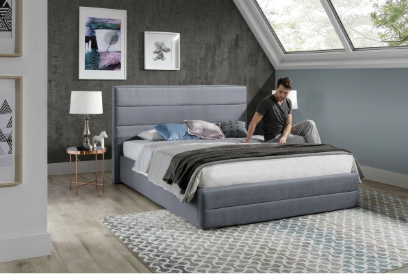 Classico Grigio Designer letto da camera in tessuto di pelle imbottito 180x200cm nuovo
