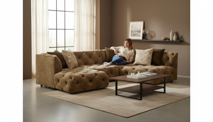 Chesterfield Divano angolare a L L-Form Tela di design Divano Set di imbottitura Angolo Nuovo