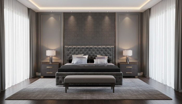 Struttura letto in tessuto. Mobili di lusso. Letti. Tessuto. Design tessile per la camera da letto. Nuovo.