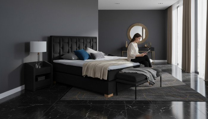 Lussuoso letto boxspring nero con letti blu - design di mobili per la camera da letto matrimoniale dell'hotel.