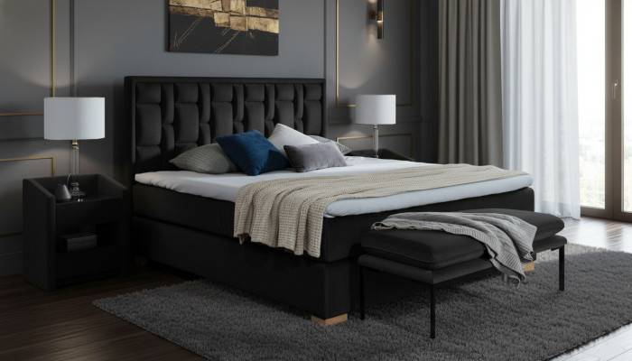 Lussuoso letto boxspring nero con letti blu - design di mobili per la camera da letto matrimoniale dell'hotel.