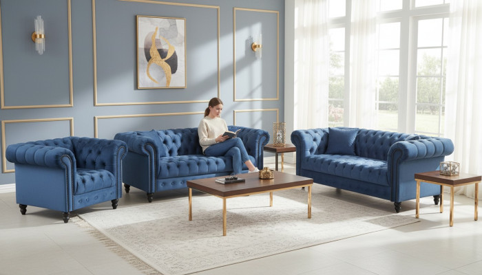 Divano Chesterfield a tre posti in stoffa di lusso.
