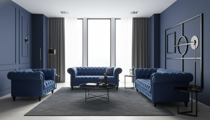 Divano Chesterfield a tre posti in stoffa di lusso.