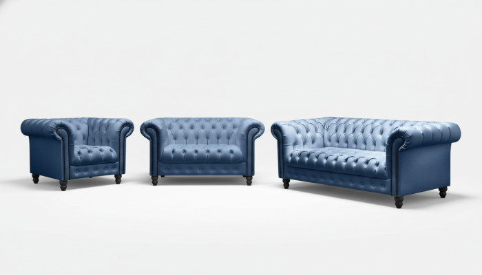 Divano Chesterfield a tre posti in stoffa di lusso.