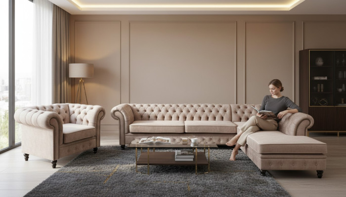 Chesterfield Mobili classici per soggiorno Divano angolare Sofa Couch Imbottito