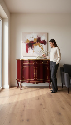 Mobili di lusso in legno italiano, cassettiera rossa, credenza, armadio per il soggiorno.