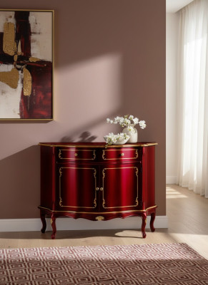 Mobili di lusso in legno italiano, cassettiera rossa, credenza, armadio per il soggiorno.