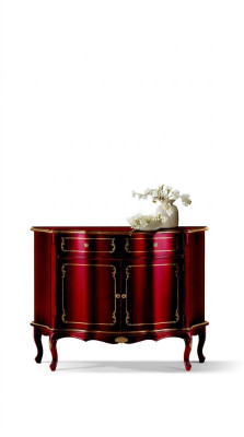 Mobili di lusso in legno italiano, cassettiera rossa, credenza, armadio per il soggiorno.