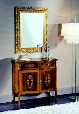 Comò in legno, mobili barocchi con specchio, mobili di lusso italiani, set di 2 pezzi.