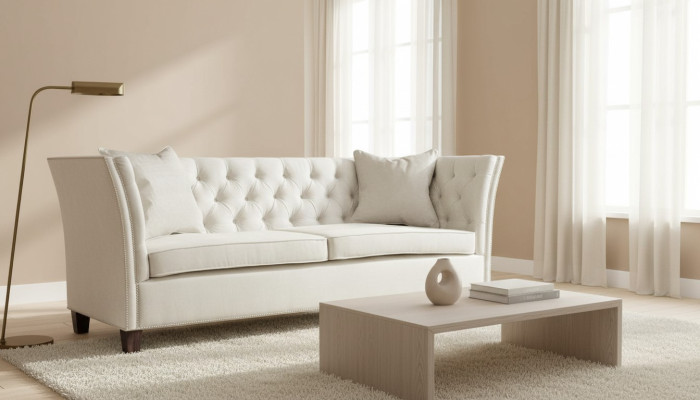 Divano Chesterfield beige a tre posti per l'arredamento di hotel, studi medici e salotti.