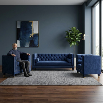 Chesterfield Set divano blu 3 pezzi poltrone imbottite gruppo.