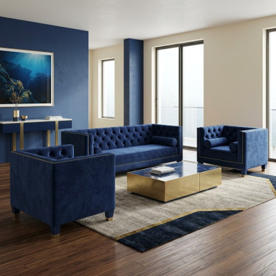Chesterfield Set divano blu 3 pezzi poltrone imbottite gruppo.