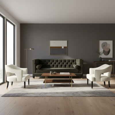 Chesterfield + 2 poltrone nero bianco XXL Big tessuto divani creativi