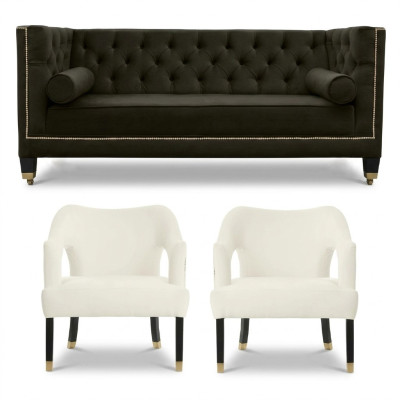 Chesterfield + 2 poltrone nero bianco XXL Big tessuto divani creativi