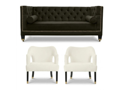 Chesterfield + 2 poltrone nero bianco XXL Big tessuto divani creativi