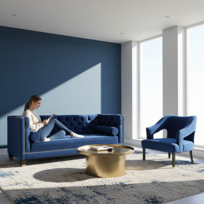 Salotto Chesterfield blu di lusso - poltrona + divano a tre posti 3+1+1 set