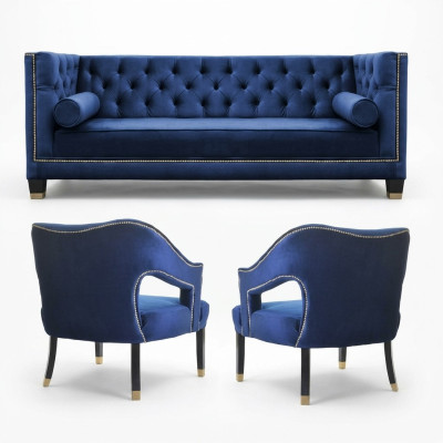 Salotto Chesterfield blu di lusso - poltrona + divano a tre posti 3+1+1 set
