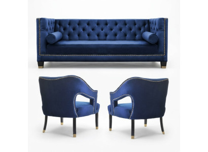 Salotto Chesterfield blu di lusso - poltrona + divano a tre posti 3+1+1 set