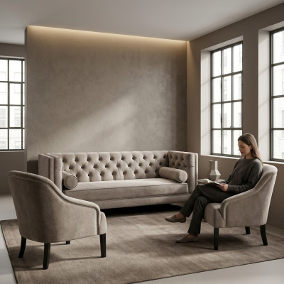Chesterfield Beige Poltrona Set di mobili di lusso in tessuto beige nuovo