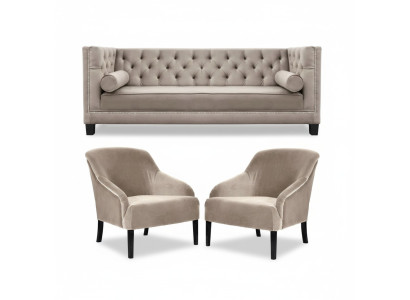 Chesterfield Beige Poltrona Set di mobili di lusso in tessuto beige nuovo