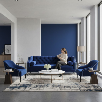 Poltrone Chesterfield blu xxl in tessuto di stoffa gruppo di divani set di mobili.