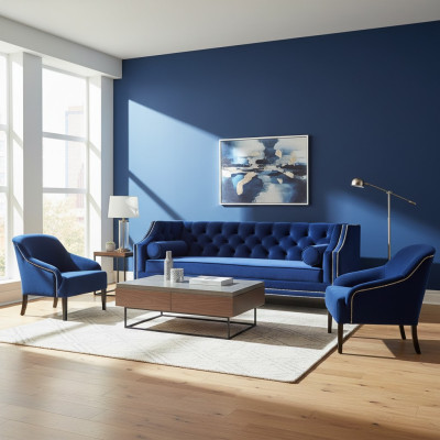 Poltrone Chesterfield blu xxl in tessuto di stoffa gruppo di divani set di mobili.