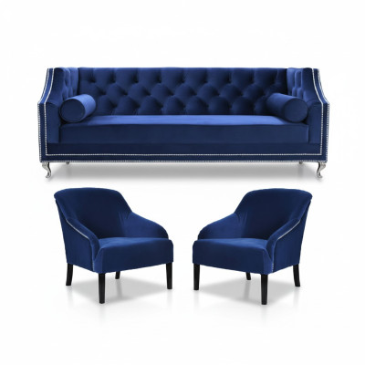Poltrone Chesterfield blu xxl in tessuto di stoffa gruppo di divani set di mobili.