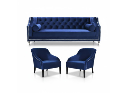 Poltrone Chesterfield blu xxl in tessuto di stoffa gruppo di divani set di mobili.