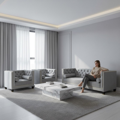 Divano grigio Chesterfield Poltrona mobili di lusso Tessuto Tessuto soggiorno Nuovo