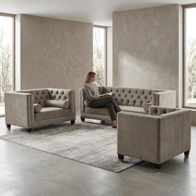 Composizione di divani beige Chesterfield Poltrona Mobili di lusso Tessuto Tessuto Salotto Nuovo