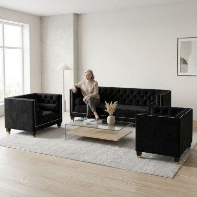 Schwarze salotto Chesterfield poltrona divano a tre posti 3 pezzi