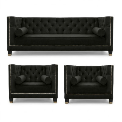 Schwarze salotto Chesterfield poltrona divano a tre posti 3 pezzi